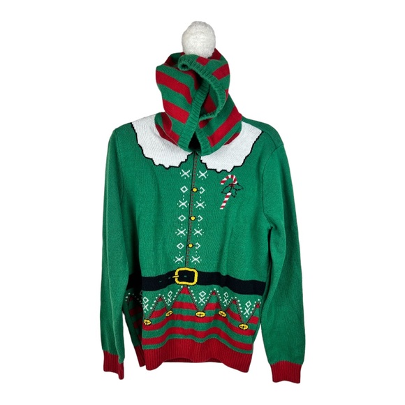 Ugly Christmas Sweater Santa’s Helper Elf Sz Medium with Hood - Picture 3 of 4